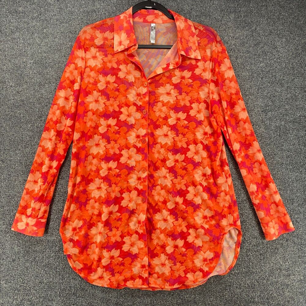 Refuge Blouse Top Womens S/M Orange Floral Sheer Button Up Hippie Gypsy Festival
